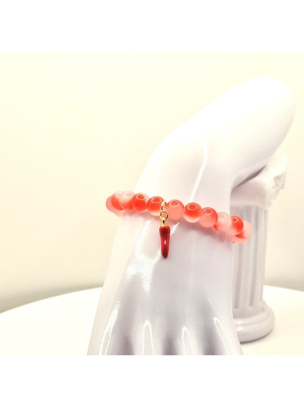 Pink Red Pepper Horn Charm Bracelet, Protective Bracelet, Coral Beaded Stretch
